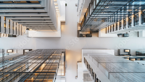Abstract architectural perspective looking up from below at modern glass skyscrapers, showcasing urban symmetry and contemporary corporate design