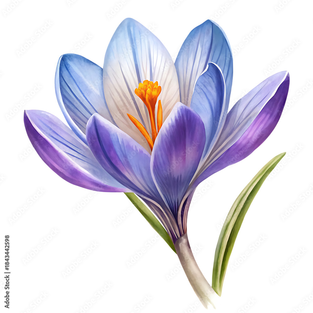Obraz premium A close-up digital painting of a delicate purple and blue crocus flower isolated on black