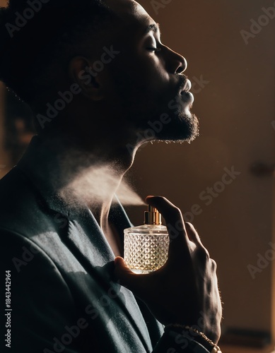 Side profile of stylish Black man spraying luxury cologne on his neck, grooming and fragrance commercial concept
