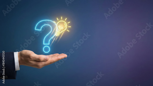 Question mark light bulb hand business suit idea innovation creativity glowing blue yellow concept solution inspiration technology symbol thinking
