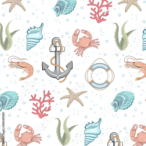 Seabed with anchor, flora and fauna.Vector seamless pattern with anchor, lifebuoy and marine animals on a transparent background.
