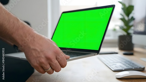 Person Using Laptop with Green Screen Display in Office.