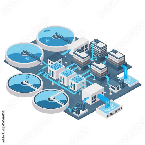 Isometric Water Treatment Plant with Purification and Filtration System.