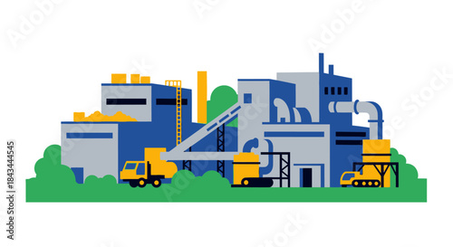 Large industrial factory building with yellow construction vehicles.