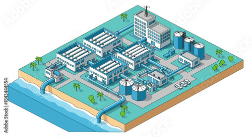 Isometric Water Treatment Plant with Industrial Buildings and Tanks.