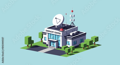 Low poly 3D emergency center building with satellite dish and antenna.