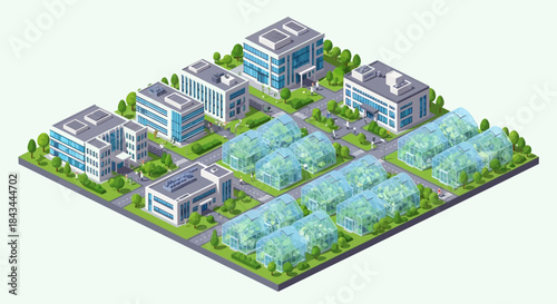 Modern Corporate Campus with Green Spaces and Solar Panels.