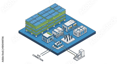 Modern Industrial Solar Power Plant Infrastructure and Energy Grid Connection.