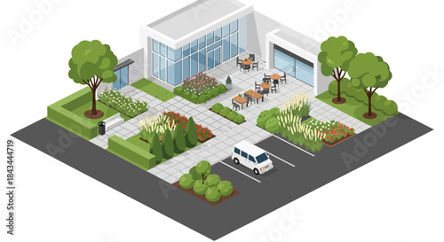 Modern Office Building with Landscaped Entrance and Parking Area.