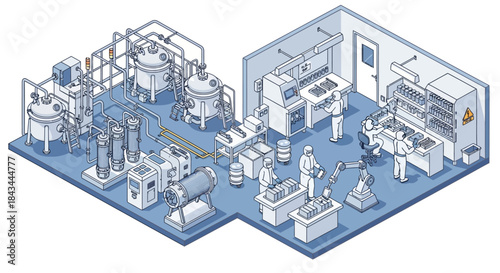Modern Pharmaceutical Manufacturing Facility with Advanced Equipment and Personnel.