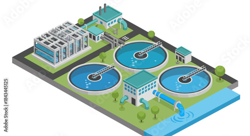 Water Treatment Plant - A Detailed Isometric Illustration.