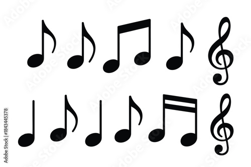 Vector of musical notes and treble clefs, black icons isolated on white background, perfect for music sheets, compositions, symphony, melody representation, educational materials, sheet music design, 