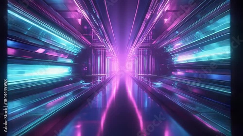 Sci fi corridor providing a vibrant, immersive cyber experience, featuring glowing pink and blue lights reflecting on a polished surface, symbolizing future technology and digital pathways
