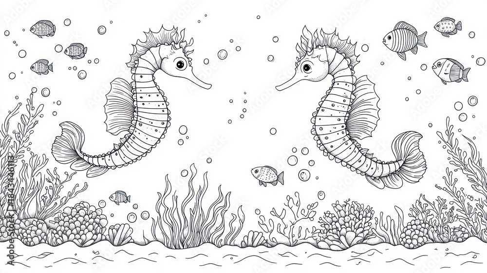 Obraz premium Two seahorses facing, ocean plants, small fish, underwater scene, coloring book page