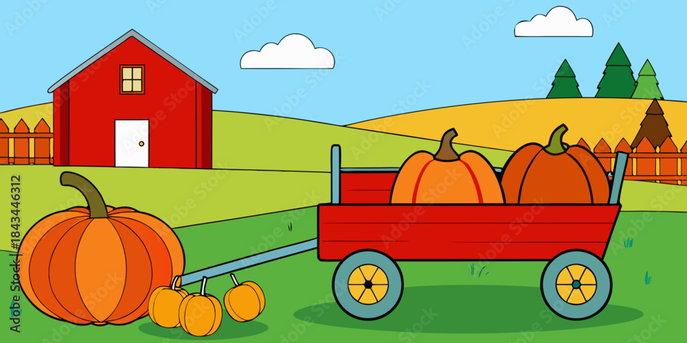 Fototapeta premium Red cart and pumpkins arrangement in the lawn at the farm in Michigan uring autumn . 