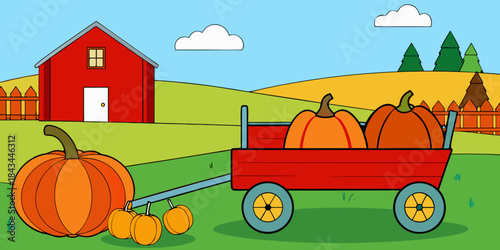 Red cart and pumpkins arrangement in the lawn at the farm in Michigan uring autumn .
