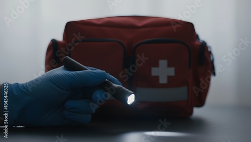 Emergency Medical Kit with Flashlight and First Aid Supplies.