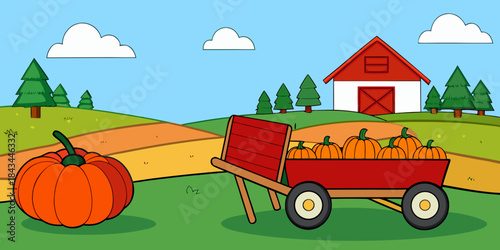 Red cart and pumpkins arrangement in the lawn at the farm in Michigan uring autumn .
