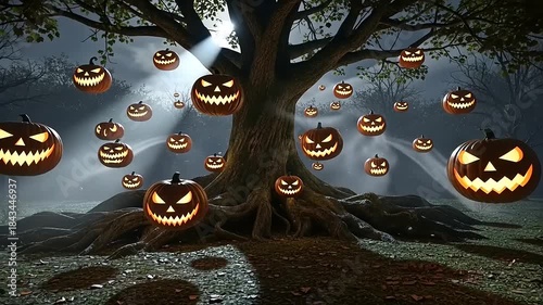 Spooky Halloween Night with Glowing Jack-o-Lanterns Around a Tree.