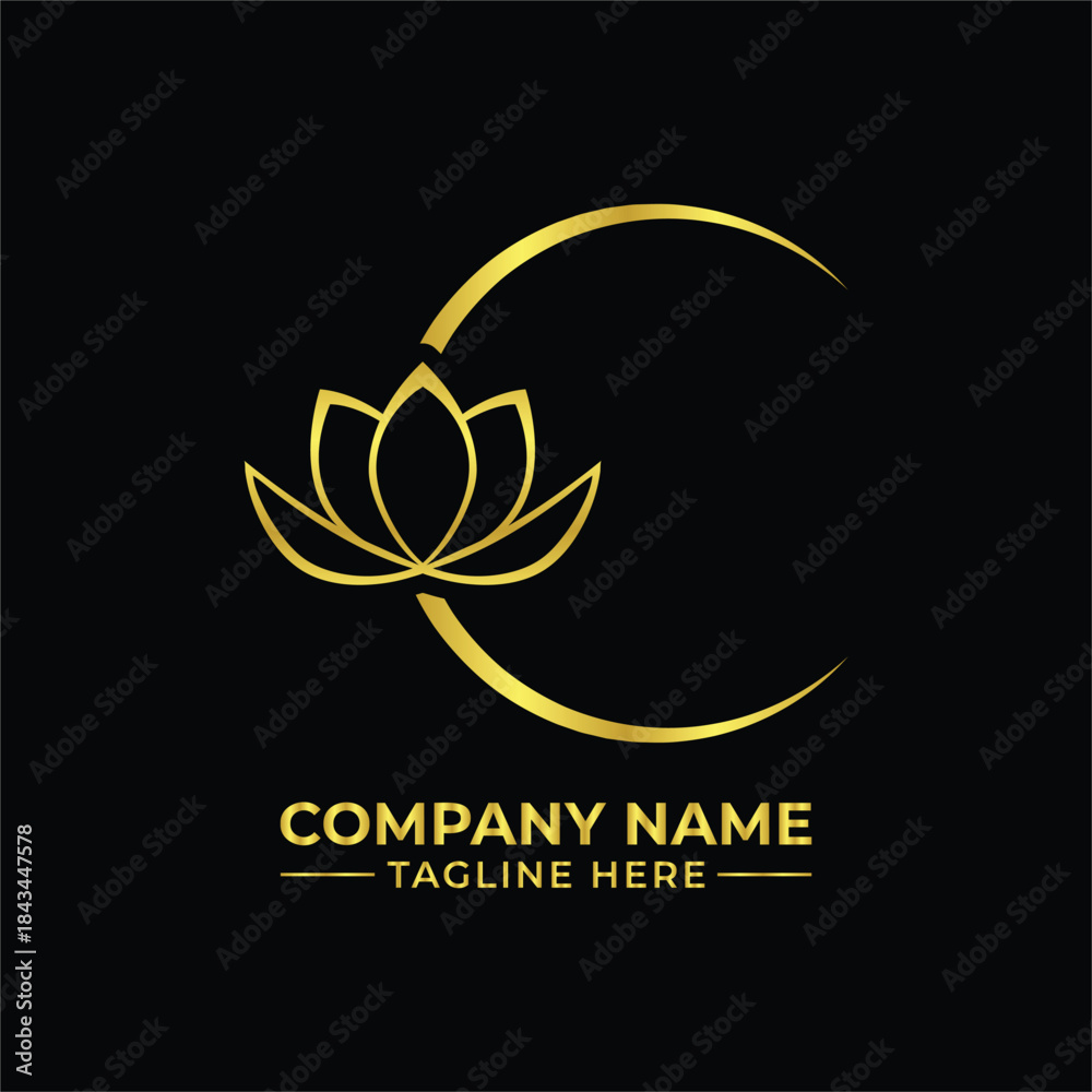 Fototapeta premium Elegant golden lotus flower outline logo with a curved crescent shape
