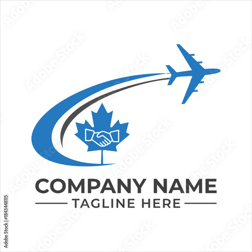 Blue airplane, maple leaf, and handshake logo concept for canadian travel business