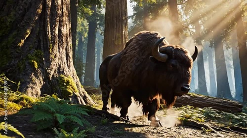 Majestic American bison walks through a sunlit ancient redwood forest with dramatic light rays filtering down