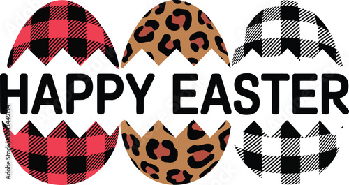 Happy Easter celebration with decorated eggs and greeting