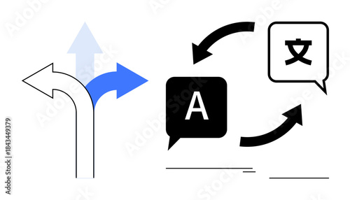 Transition arrows, language speech bubbles with letters and characters, symbolizing choices and multilingual communication. Ideal for translation, decision-making, global connection, education