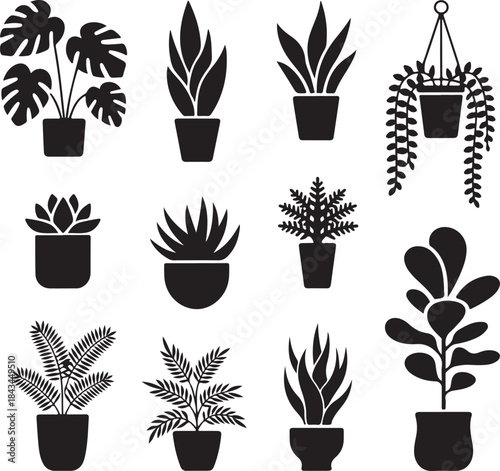 Potted Plant Silhouette Icon Set Featuring Indoor Houseplants, Hanging Plants, Tropical Foliage, and Decorative Botanical Pots in Black Vector Style

