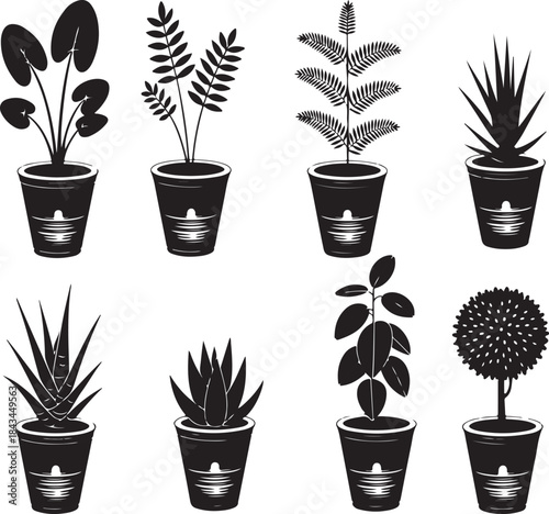 Potted Plant Silhouette Icon Set Featuring Indoor Houseplants, Decorative Botanical Pots, and Modern Foliage Designs in Black Vector Style
