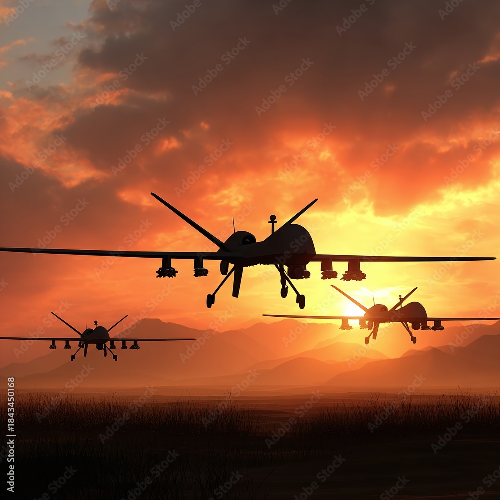 Obraz premium UAV combat drones silhouetted above clouds during sunset photo