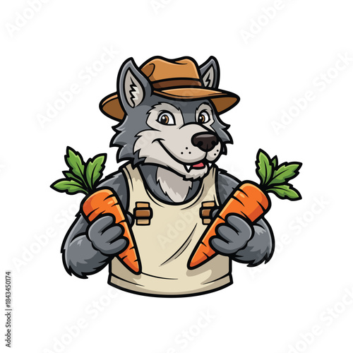 Cartoon wolf character with backpack and blue shirt, smiling and looking to the side, illustration for kids.