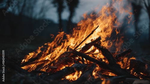 A pile of wood with a lot of fire on it. The fire is orange and yellow. The fire is very large and is in the middle of the pile of wood