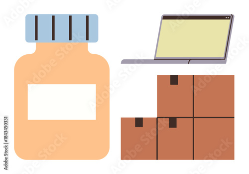 Medicine bottle, laptop screen, and stacked cardboard boxes represent logistics, supply chain, e-commerce, healthcare, delivery services, distribution, and inventory management in a simple flat