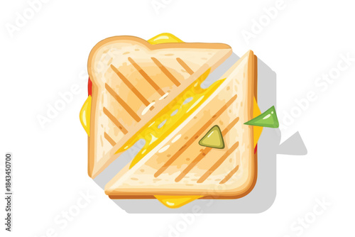 An overhead, illustrated depiction of a cut grilled sandwich