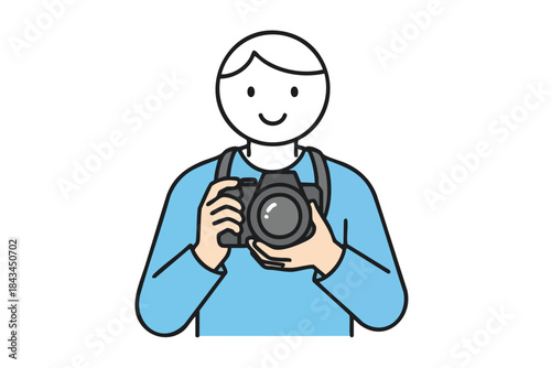 Cartoon character with a camera, smiling, wearing a light blue shirt