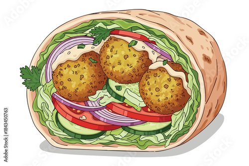 An illustrated pita wrap featuring falafel and fresh vegetables
