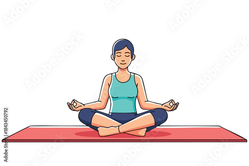 An illustrated woman meditates on a mat in the lotus position