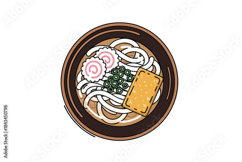 An overhead cartoon illustration of Japanese udon noodles in a bowl