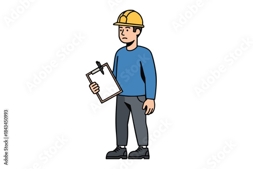 Illustration of a construction worker holding a clipboard, wearing a hard hat