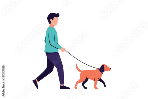 A person walking a dog on a leash; both are moving in the same direction