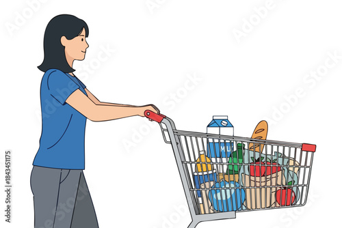 A woman in a blue shirt pushes a shopping cart full of groceries