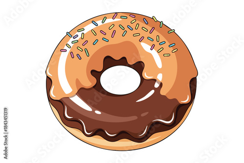 A colorful donut with chocolate icing and sprinkles, isolated on a white background
