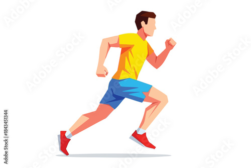 Stylized figure of a man running with a yellow shirt, shorts, and red shoes