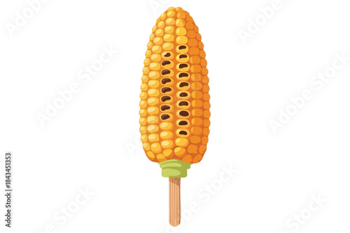A single corn on the cob, grilled, with charred kernels, and on a wooden stick