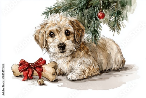 Cute Holiday Dog with Christmas Bone and Festive Tree Branch