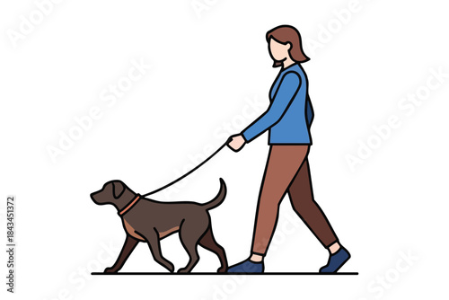 A person walks a dog on a leash; both are walking to the left