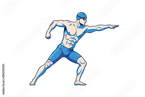 Vector illustration of a swimmer in starting pose, wearing a cap and goggles