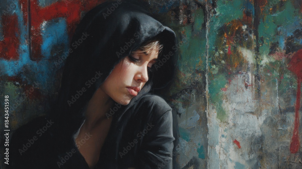 Fototapeta premium Woman in hood against graffiti wall