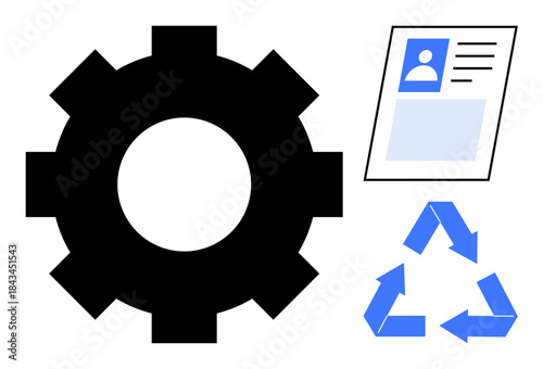 Technology concept. Technology ed by gear with identity through an ID card and sustainability using a recycling symbol. Technology influencing innovation, environment, identity, processes